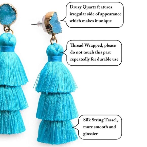 14K Yellow Gold with Sky Blue Silk Thread Tassel and Quartz Druzy Post Earrings - Picture 5 of 8